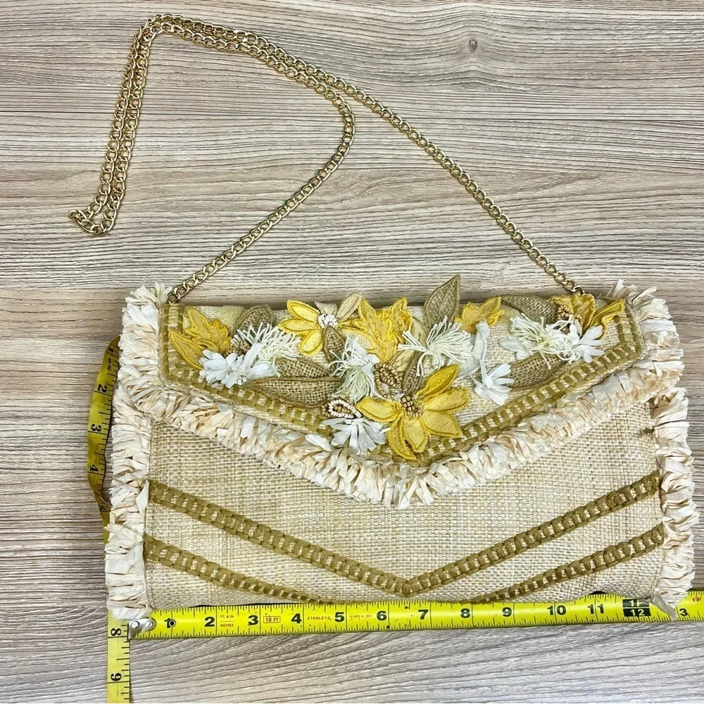 NEW Chico's Neutral Embroidered Fringe Clutch